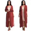 Fashion Long Trench Coat Women Half Sleeve Chiffon Shirt Cardigan Coats Kvinna Windbreaker Strap Till Midja Afrikansk Kläder Partihandel 4 Färger