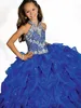 Vintage Royal Blue Flower Girls Dresses For Weddings with Rhinestones Beaded High Neck Ruffles Teens Pageant Ball Gowns in Stock C1283492