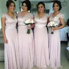 2015 Long Chiffon Bridesmaids Dresses Sheath V-Neck Capped Sleeves Maid of Honor Dresses Custom Gjorda Formella Brudtärna Klänningar Under 100