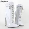 Kobiety Wysokie Cienkie Buty Plus Rozmiar Patent Lace Up Ladies Party Boots Sexy Botki Skostnieniowe Wskazał Toe Fashion Boot Mapest