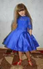 Royal Blue Half Lace Sleeves Girls Pageant Dresses 2016 Stain Knee Length Flower Girls Dresses with Detachable Tulle Skirt