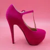 Ярко-розовые T-ремень платья Туфли из замши из искусственной кожи с круглым носком Туфли на платформе Высокие каблуки Женская обувь На заказ Женская обувь Настоящее фото US14