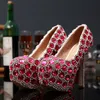 Fashion Women's Pumps Luxury Handmade Leather Wedding Shoes Pink Crystal Platforms Ultra-high Heels Rhinestone Bridal Dress Shoes