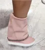 Botas de Neve de Camurça de Vaca Para As Mulheres Slip-on Altura Crescente Mulheres Sapatos Rosa Dedo Do Pé Redondo Bezerro Feminino Bota Feminina
