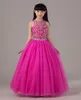 Hot Pink Beaded Pageant Jurk voor kleine meisjes full rok lange tule kinderen feestjurk verjaardag jurk op maat gemaakt