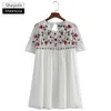 All'ingrosso- ShejoinSheenjoy Abito estivo Donna Moda Vintage Ricamo floreale Abito O-Collo Manica corta Casual Mini Abito in chiffon bianco