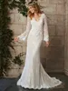 D White Flower Lace Mermaid Backless Bridal Gowns V Neck Long Sleeves Sweep Train Applique Wedding Dress Robe De Mari e rss
