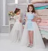 Lace High-Low Flower Girl Dresses With Tulle Over-Skirt Bateau Halv Ärmar Beaded Birthday Party Dress Fairy Princess Girls Pageant Dress