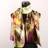 1pcs Green Leaves Plum Gold Flowers Women's Fashion Satin Oil Painting Long Wrap Shawl Beach Silk Scarf 160X50cm