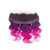 Ombre Cor Extensões de Cabelo Com Top Frontal 4 Pcs Muito Fechamento Ombre Cor 1B Roxo Rosa Cabelo Humano 3 Pacotes Com 13x4 Fechamento de Rendas