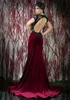 Elegant Evening Gowns 2018 Sexy Mermaid Open Back Beaded Lace Appliqued Sheer Bodice Short Sleeves Black Top Burgundy Velvet Formal Dresses