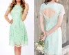 Land Vintage Mint Groene Trouwjurken Bateau Korte Mouwen Bruidsmeisjes Jurken Knielengte Backless Kant Rits Maid of Honour