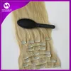 160g 10 sztuk / zestaw Clip In On Hair Extensions Double Drown Prosty 20 22 cali Brazylijski Indian Remy Human Hair # 613 / Bleach Blonde