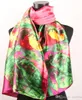 Blommor Gröna blad Hot Rosa Dammode Satin Oljemålning Halsdukar Lång omlott Sjal Strand Sidenscarf 160X50cm