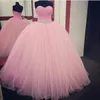 Op maat gemaakte hoge kwaliteit roze quinceanera jurken ruches sweetheart kristallen kralen vloer lengte tule puffy prom jurken plus size veter
