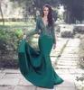 Charming Hunter Mermaid Evening Dresses With Long Sleeves Sheer Plunging Neck Lace Prom Gowns Floor Length Satin Beaded Formal Dress 407