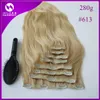 Brasilianska hårklippet i hårförlängningar 20 "Klämma i mänskliga hårförlängningar # 613 Blont mänskligt hårklipp i tillägg 260g
