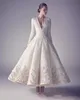 Ashi Studio Evening Prom Dresses Pure White Hot Sale Long Sleeve Deep V Neck Lace Beading Appliqued tea-length occasion dress