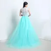 2015 Novo estoque elegante Aline Mint Green Lace Vestidos de noite com apliques comprimento de piso vestidos de festa de baile baratos vestidos de festa3107623