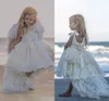 Satin Lace Ivory Princess Pageant Dresses for Girls Ribbon Straps Beaded Crystals Flower Girls Dresses High Low Boho Beach Wedding Bridal