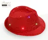 Newest !Fashion Sequins Jazz hats with LED light TOP hats for men & women Sequins Performance cowboy cap props for Christmas party