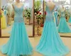 Stunning Light Sky Blue Prom Dresses A Line Deep V Neck Colorful Crystals Illusion Top V Back Sweep Train Custom Made Prom Gowns