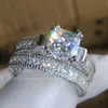 Luxury Size 5-10 Retro Princess Cut 14K Vitguld Fylld Topaz Simulerad Diamanter Bröllop Ring Set Mors daggåva med låda