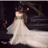 2019 Lace Wedding Dresses Elegant Bateau Bridal Gowns A-Line Appliques Short Sleeve Wedding Gown Court Train Bridal Dress Overskirts Arabic