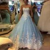2017 Bola Blue Sky Luz Vestido Prom Dresses querido Branca apliques Tulle longo Quinceanera Sweet 16 Vestidos trem da varredura Voltar Lace Up