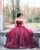 2018 Cheap Burgundy Strapless Ball Gown Princess Quinceanera Dresses Lace Flowers Basque Waist Long Sweet 16 Dress Long Party Prom Dresses