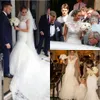 2016 vestidos de casamento de renda cheia de Alta Neck Sheer Decote Sereia Vestido de Noiva Cap Mangas Sweep Train Elegante Vintage Praia Vestidos De Noiva