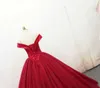 Off Shoulder Stunning Prom Dress Ball Gown Fall Winter Gorgeous Evening Dresses Pleats Tulle Satin with Beading Lace-up Back Sweep Train