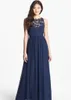 2019 Navy Blue Bridesmaid Dresses Chiffon Long Floor Length Empire Waist Maid of Honor Jewel Neck Sheer Zipper Lace Back Honor Bridal Gowns