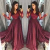 Sexy Burgundy V Neck Lace Sheer Long Sleeves Prom Dresses Satin A Line Floor Length Evening Gowns Formal Party Dresses Vestidos de festa