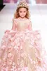 2018 Guld Sequined Ball Gown Girls Pageant Klänningar Långärmad Toddler Flower Girl Dress Pink Floral 3D Appliques First Communion Grows