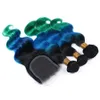 ombre color unprocessed european hair color products 1b Blue Green Three Tone Russian Virgin Human Hair Bundles With Lace Closure 4*4