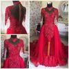 Gorgeous Red High Neck Prom Dresses South African Lace Appliques Sheer Long Sleeves Aftonklänningar Tulle Overkirts Se igenom Party Dress