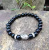 SN0365 Pulsera de piedra negra clásica Pulsera de cabeza de Buda de plata antigua con espaciadores de diamantes de imitación Joyería de yoga Pulsera budista