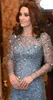 KATE MIDDLETON Same Style Crystal Long Evening Dress Light Blue Jewel Sheer Neck Long Sleeve Prom Gowns Floor Length Formal Occasi257W