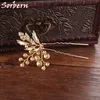 6 Sztuk Złoty Kolor Kwiat Liść U Kształt Włosów Kije Pearl Clip Vintage Szpilki Włosów Akcesoria Ślubne Kryształowy Bridal Head Kawałek