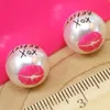 25pairs/lot Women Girls Fashion Jewelry Round Faux Pearl Red Lip Printed Ear Stud Earrings 2X MHM234