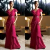 Modest Fuschia Dresses Long Formal Fuchsia Chiffon Mother of the Bride Gowns V Neck Cap Sleeves Crystals Wedding Guests Dress Plus Size