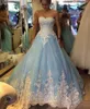2017 Bola Blue Sky Luz Vestido Prom Dresses querido Branca apliques Tulle longo Quinceanera Sweet 16 Vestidos trem da varredura Voltar Lace Up