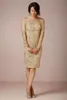Платье золото вышивка мать невесты Платья аппликации иллюзия шеи до колен вечерние платья плюс размер вечернее платье 2015