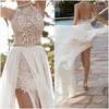 Praia Sexy Backless Lace Prom Dresses Lace Pageant Vestido Halter Side Slit Homecoming Evening Party Dress Chiffon Overskirt vestidos formatura