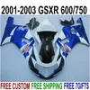 SUZUKI GSXR600 GSXR750 2001-2003 K1 청색 흰색 검정색 고품질 페어링 키트 GSXR 600 750 01 02 03 EF1