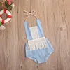 Słodkie Noworodki Dziewczynek Ubrania Tassel Jeans Denim Romper 2018 Summer Bez Rękawów Backless Romper Kombinezon Outfit Sunsuit One-Piece Odzież