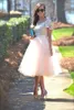 Cheap Prom Party Dresses with Short Sleeves Lace Top Blush Tutu Skirts Tea Length Formal Evening Gowns Bridesmaid Dresses