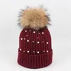 Высокое качество Bling Алмаз шляпа леди 15 см енот волос мяч вязать cap прилив зима мех кролика жемчужина wrap теплая зима hat Оптовая