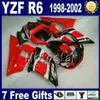 Zestaw do ciała Fairing ABS dla Yamaha YZF-R6 1998-2002 Wszystkie błyszczące czarne plastikowe nadwozie Set YZF600 YZFR6 98 99 00 01 02 VB32 + 7 prezenty